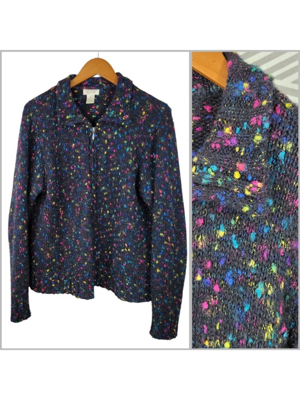 Vintage Cardigan Sweater Jacket XL Zip up Mohair Wool Neon Rainbow Marled Fleck